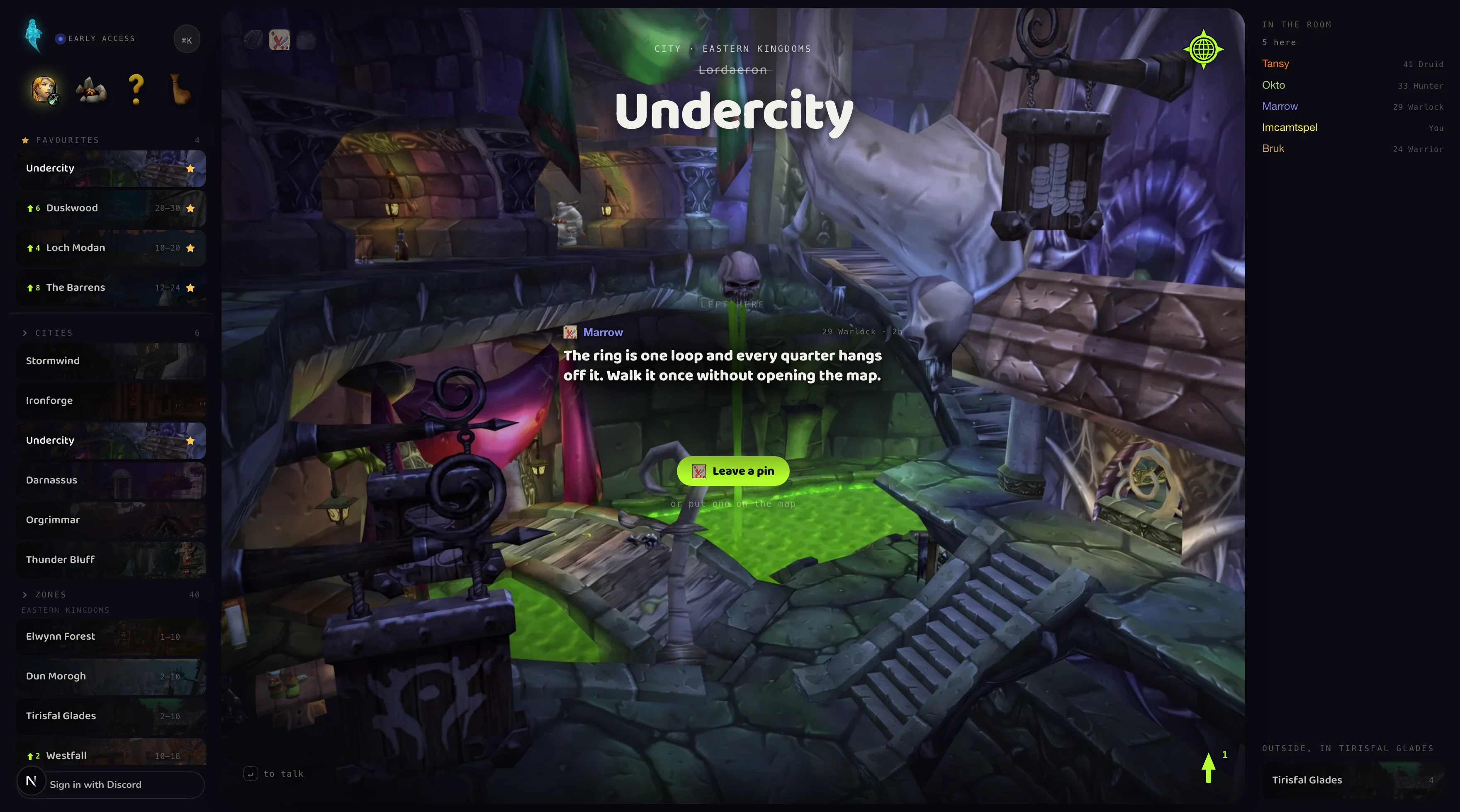 Tari's Undercity room: the rail of rooms, a pin in the stage, and who is here.